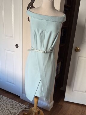 eva mendes for New York & Company Pale Blue One-Shoulder Sheath Dress with Belt